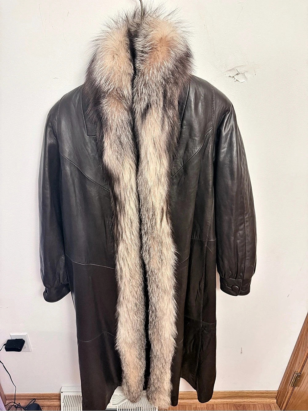 Damselle Leather Coat with Fur Collar Brown Small